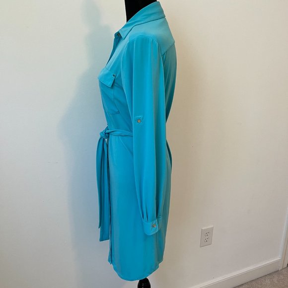 Calvin Klein Blue Belted Shirt Dress  - Long Sleeve Button Front - Size 8 Med - Picture 3 of 7